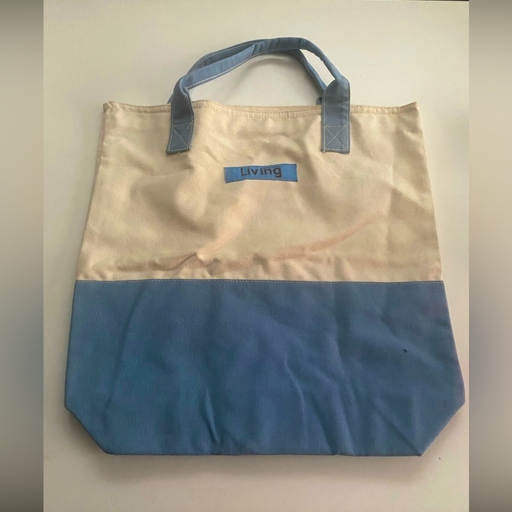 Martha Stewart Living Small Tote Canvas Blue White Reusable Shopping Book Bag.